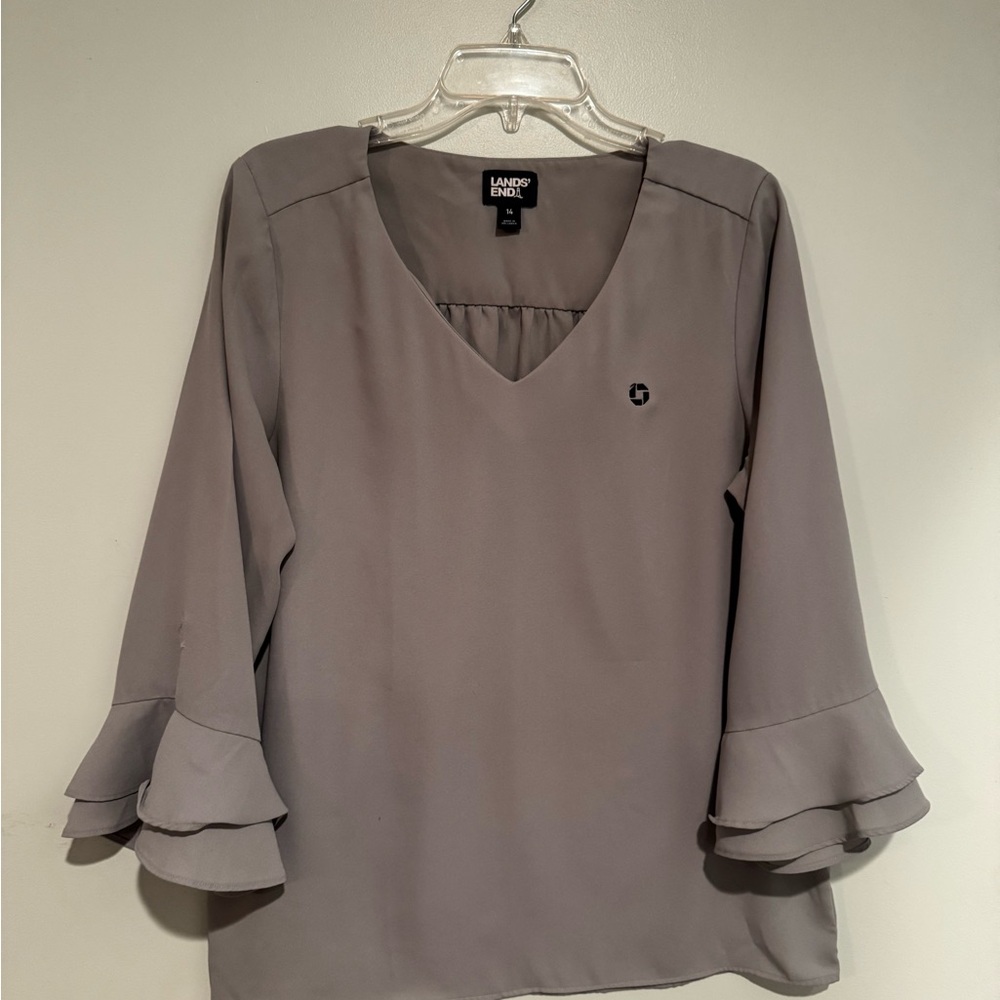 Lands' End Women's Gray Blouse with Flared Sleeves Chase Logo